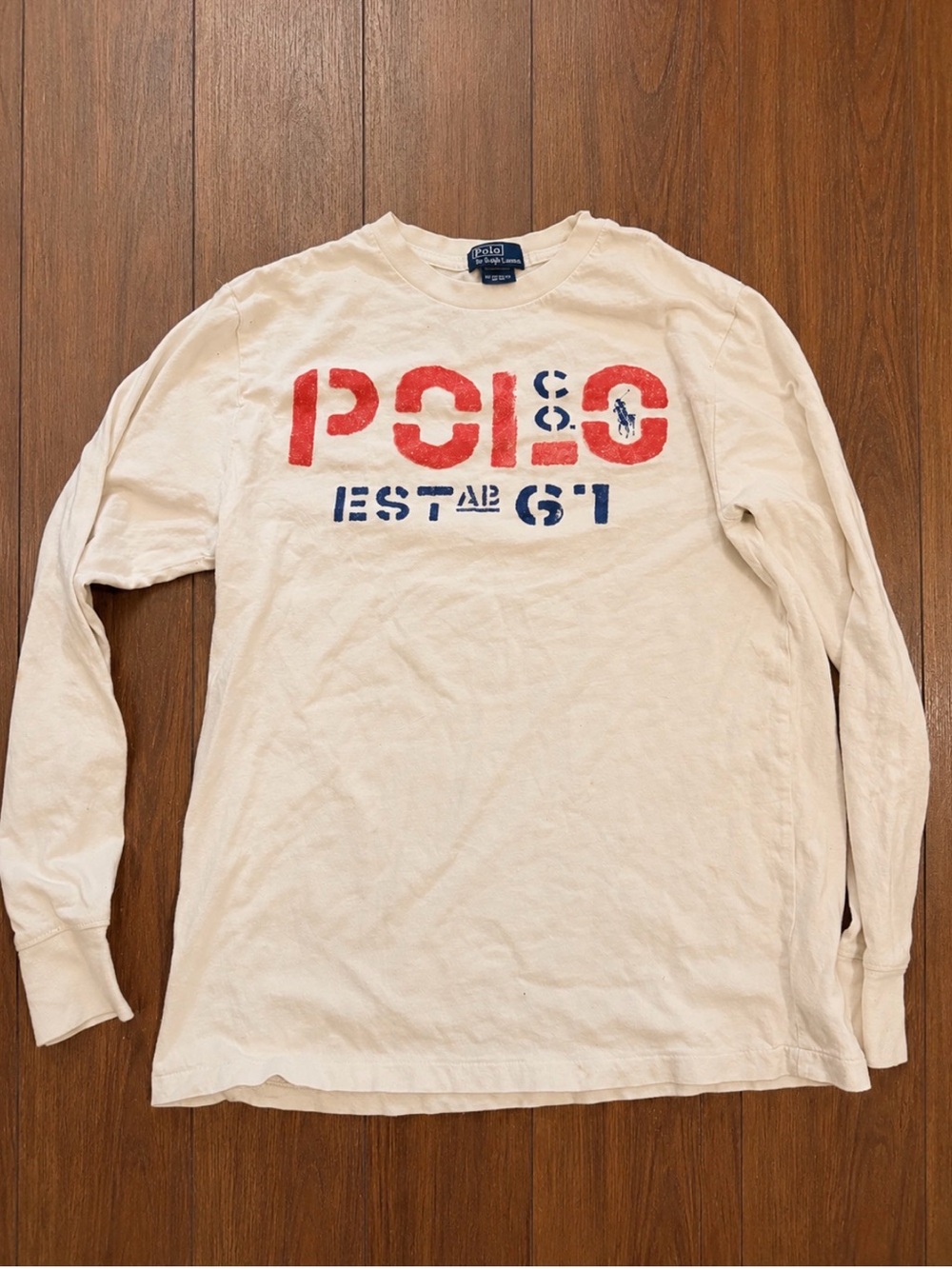 Polo by Ralph Lauren Cream Long Sleeve Graphic Tee with Red & Blue Logo